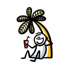 A relaxed man sits with a cocktail in his hands under a palm tree and enjoys life.