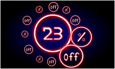Black background banner with neon blue circle with 23% discount neon inside.For promotion and sale.