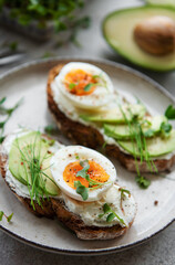 Bread toast, boiled eggs, avocado slice, microgreens on a plate