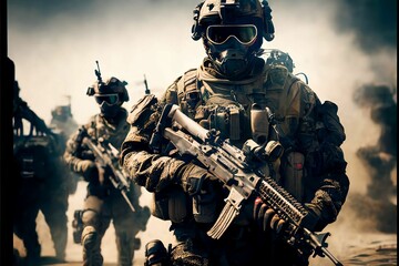 Fototapeta premium Special Forces Military Unit in Full Tactical Gear, Wartime, Battlefield Illustration