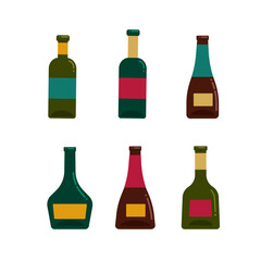 A set of glass wine bottles of different shapes and colors. Vector illustration in flat style. Isolated objects on a white background.