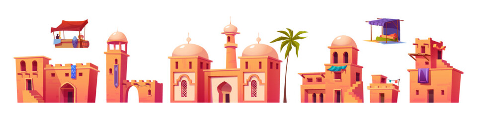 Ancient arab city isolated set, arabic buildings, architecture, dwellings, market stalls, stone houses with domes, stairs, arched windows and doors on white background Cartoon vector illustration