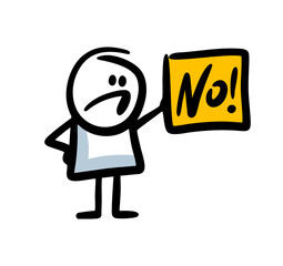 Funny doodle boy with grin on his face holds a banner with no message.