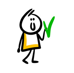 Funny positive boy holds a green consent tick in his hands and smiles.