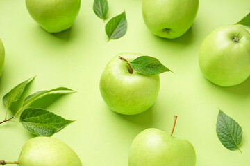 Juicy ripe apples on green background