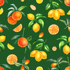 Citrus fruits watercolor seamless pattern. Hand drawn lemons, oranges and kumquats on an isolated background. Endless ornament for fabric and wallpaper. Tropical summer print.