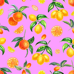 Fototapeta na wymiar Citrus fruits watercolor seamless pattern. Hand drawn lemons, oranges and kumquats on an isolated background. Endless ornament for fabric and wallpaper. Tropical summer print.