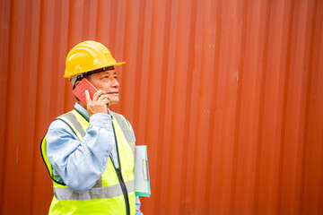 A senior specialist engineer is on the phone with an employee of a container shipping company. Logistics global cargo container concept.