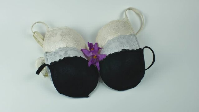 Close-up set of several different stylish cotton female bras on a light background. Colorful erotic women's bras. Women's underwear. The concept of women's wardrobe. Flat lay