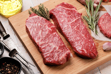 Prime marbled beef steaks. Raw striploin steak