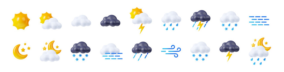 3d render weather icons set, sun shining, clouds, lightnings and snow or rain forecast elements for web design. Cartoon illustration in plastic minimal style, isolated objects on white background - obrazy, fototapety, plakaty