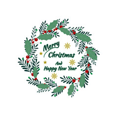 Naklejka na ściany i meble Vector merry christmas, Christmas card design with text. Christmas leaf ornaments all around. Cartoon illustration. Also great for New Year and Christmas posters, gift tags, labels, etc.
