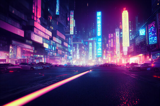 Fantasy Japanese night view city citycape, neon light, residential skyscraper buildings