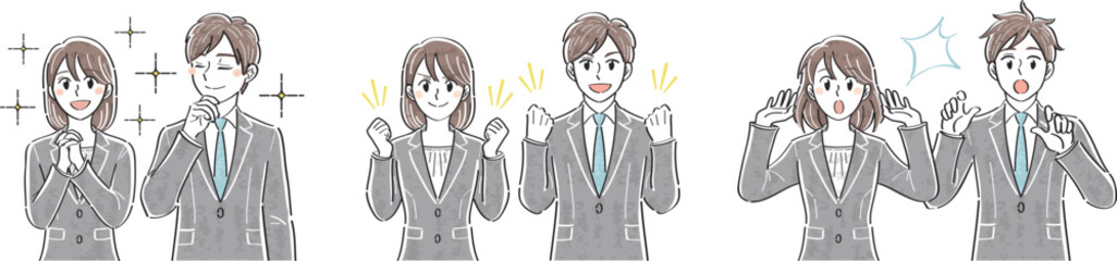 ビジネススーツの男女　表情ポーズの上半身イラストセット（憧れ　ガッツポーズ　驚き）