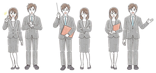 ビジネススーツの男女　表情ポーズの全身イラストセット（説明　解説　案内）