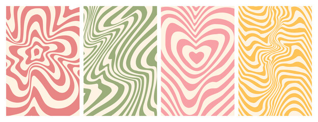 Groovy hippie 70s backgrounds. Waves, swirl, twirl pattern with heart, daisy, flower. Twisted and distorted vector texture in trendy retro psychedelic style. Y2k aesthetic. - obrazy, fototapety, plakaty