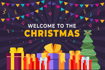 Welcome to the Christmas with lots of gifts and Christmas tree, Merry Christmas and Happy New Year! Holiday greeting card.