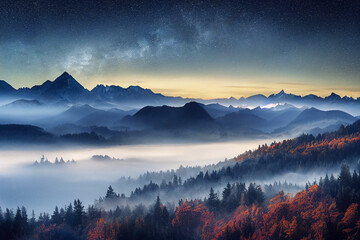 fantastic wonderland landscape  Milky Way above mountains in fog at night in autumn. Landscape with alpine mountain valley