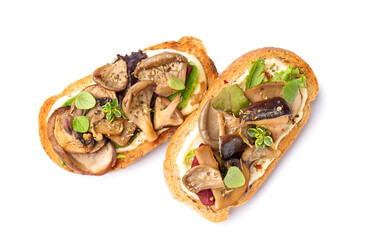 Tasty toasts with cream cheese and mushrooms on white background