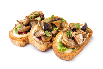 Tasty toasts with cream cheese and mushrooms on white background