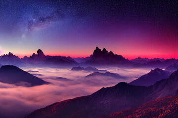 Milky Way above mountains in fog at night in autumn. Landscape with alpine mountain valley, low clouds, purple starry sky with milky way