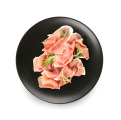 Plate with slices of delicious ham and rosemary on white background