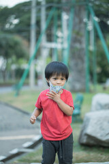 Asia child smiling playing on slider bar toy outdoor playground, happy preschool little kid having funny while playing on the playground equipment in the daytime in summer.