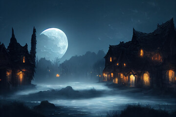 Fototapeta na wymiar night, moonlight, a fantasy village in the dark