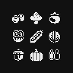 Naklejka premium Vegetables, black and white emoji, pixel art 1-bit icons set, pumpkin, sunflower, оlive, pea pod and radish. Design for logo, sticker and mobile app. Isolated vector illustration.