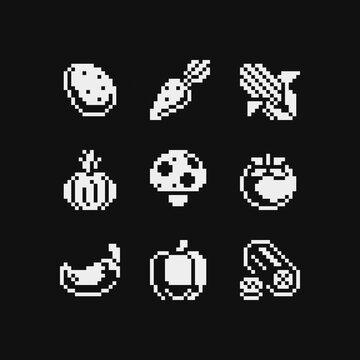Vegetables, black and white emoji, pixel art 1-bit icons set, potato, carrot, corn, onion, mushroom, red pepper and cucumber. Design for logo, sticker and mobile app. Isolated vector illustration.