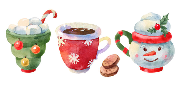 Christmas cups collection with hot chocolate, cacao, coffee. Hand drawn watercolor illustration
