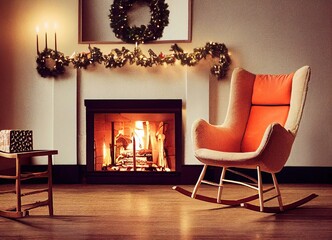 classic chair in front of a warm fireplace, interior of home decorated for holiday season (generative ai)