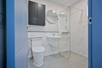 The most basic bathroom layout consisting of three partitions toilet, sink, and shower.