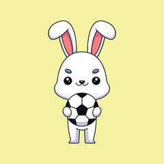 cute rabbit holding soccer ball cartoon mascot doodle art hand drawn concept vector kawaii icon illustration