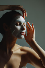 Young beautiful woman applies white sheet mask to her face