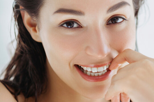 Happy young beautiful woman close up. Skin care