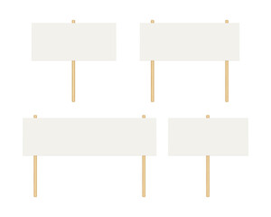 Picket banner frame. Blank demonstration banner mock up. Empty protest placard with wooden poles. Realistic politic strike board mockup. Vector illustration isolated on white background.