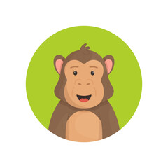 A cute monkey avatar on a green background. Vector illustration of a mammalian animal. Wildlife. Jungle. Photo in the social network.