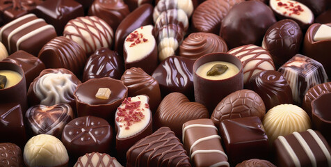 assorted chocolate desserts and candy, confectionery sweet food background