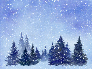 夜空と雪降る森林の水彩イラスト。クリスマスシーズン。背景