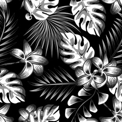 seamless tropical monstera palm leaves with floral plants and foliage on dark background. abstract tropical pattern. seamless tropical wallpaper. jungle foliage. floral background. flowers pattern