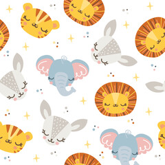 Seamless vector pattern. Cute sleeping animals, stars. Elephant, tiger, lion and baby deer. Background for children's products on white background 