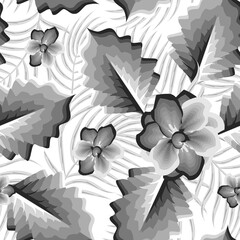 abstract foliage seamless pattern with gray monochromatic tropical palm leaves and floral plants on white background. flowers background. Exotic wallpaper. Summer design. surface design. autumn. fall