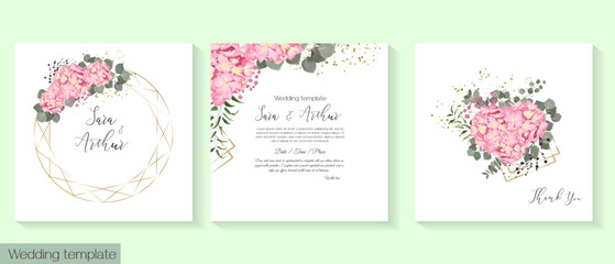 Fototapeta na wymiar Floral design for wedding invitation. Gold frame in the shape of a crystal, pink hydrangea, green plants, eucalyptus.