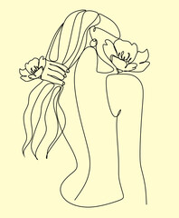 Woman face with flowers Line art. Elegant Feminine Beauty Logo. Abstract face with plants by one line drawing. Portrait minimalistic style. Botanical print. Nature symbol of cosmetics.