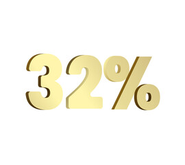 32 percent 3Ds Letter Golden, 3Ds Level Gold color, thirty-Two 3D Percent on red color background, and can use as transparent gold 3Ds letter for levels, calculated level, vector illustration.