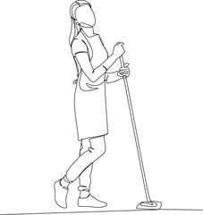 Continuous line young woman with a puffer and a rag in her hands. The concept of cleaning offices and houses. Scribble.