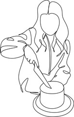 Continuous line drawing of hand drawn chef preparing food. Scene in the kitchen. Template for your design. Vector illustration.