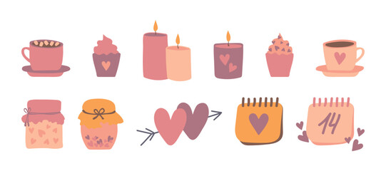 Valentine's day cute vector illustration set. Sweets - pancake with hot drinks, candles and others decorative elements. Romantic love icons in flat cartoon style. Valentines Day vector collection.