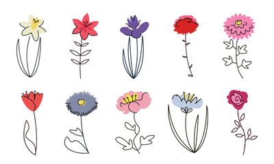 Set of garden flowers. Nature design elements in doodle style.